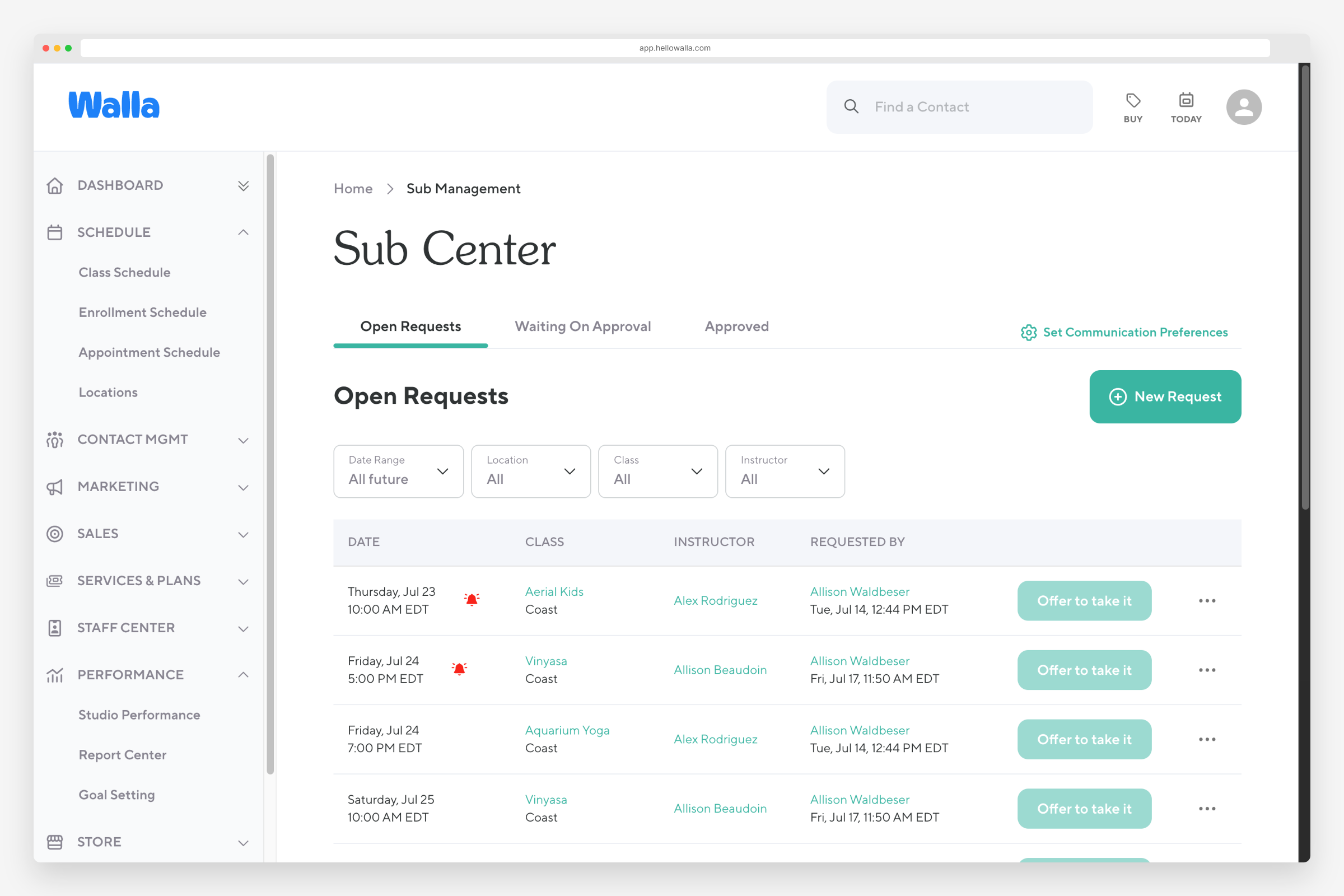 Walla sub management screen showing an instructor substitution request and coverage status