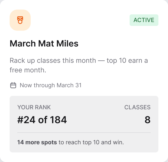 Studio challenge card with the member’s rank and classes attended