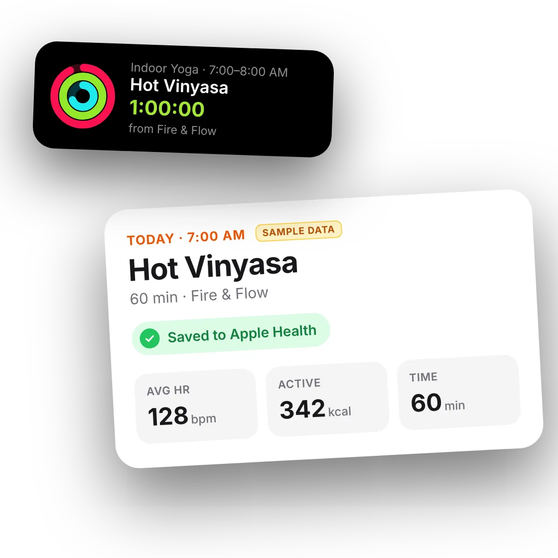Post-class recap marked Saved to Apple Health next to a workout entry, sample data