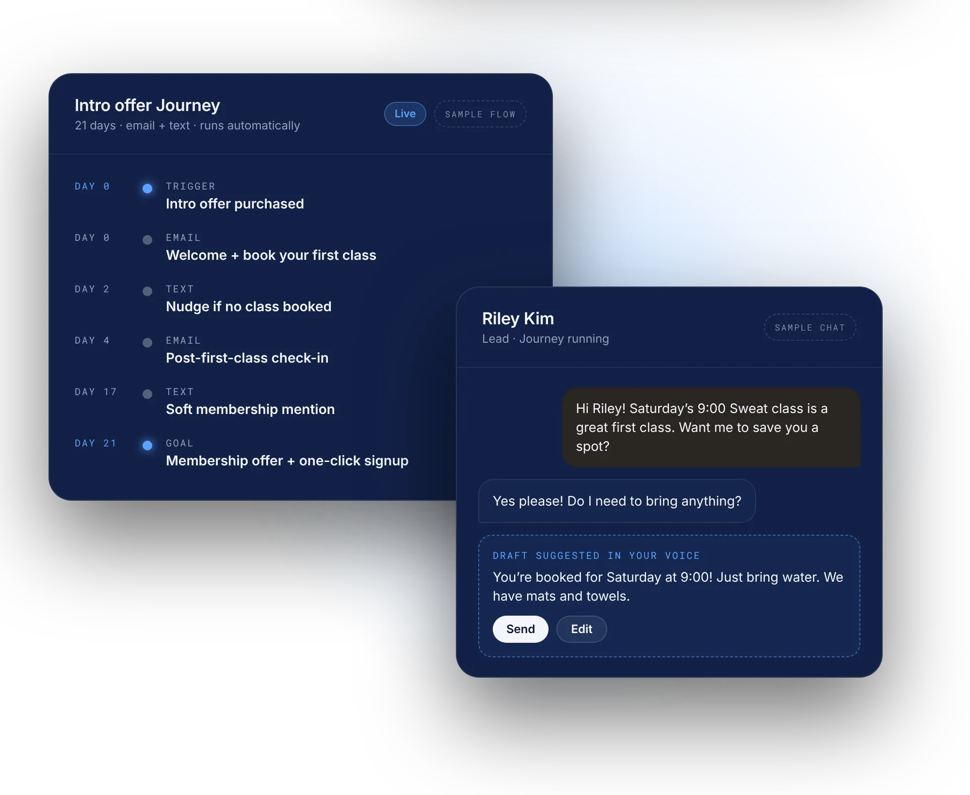 Intro offer Journey and a two-way text conversation with a suggested reply, sample data
