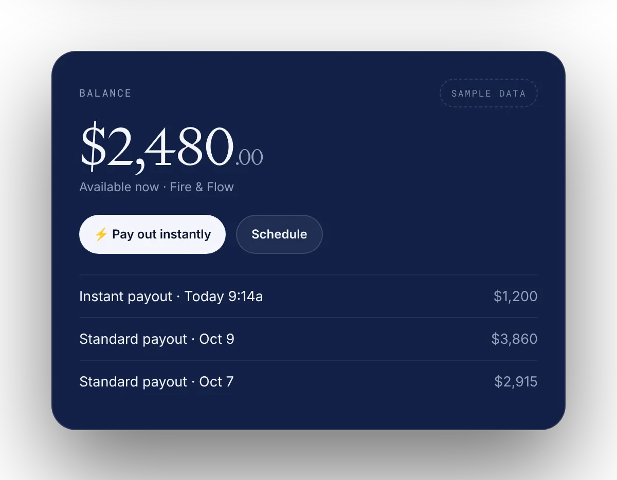 Available balance with an instant payout button, sample data