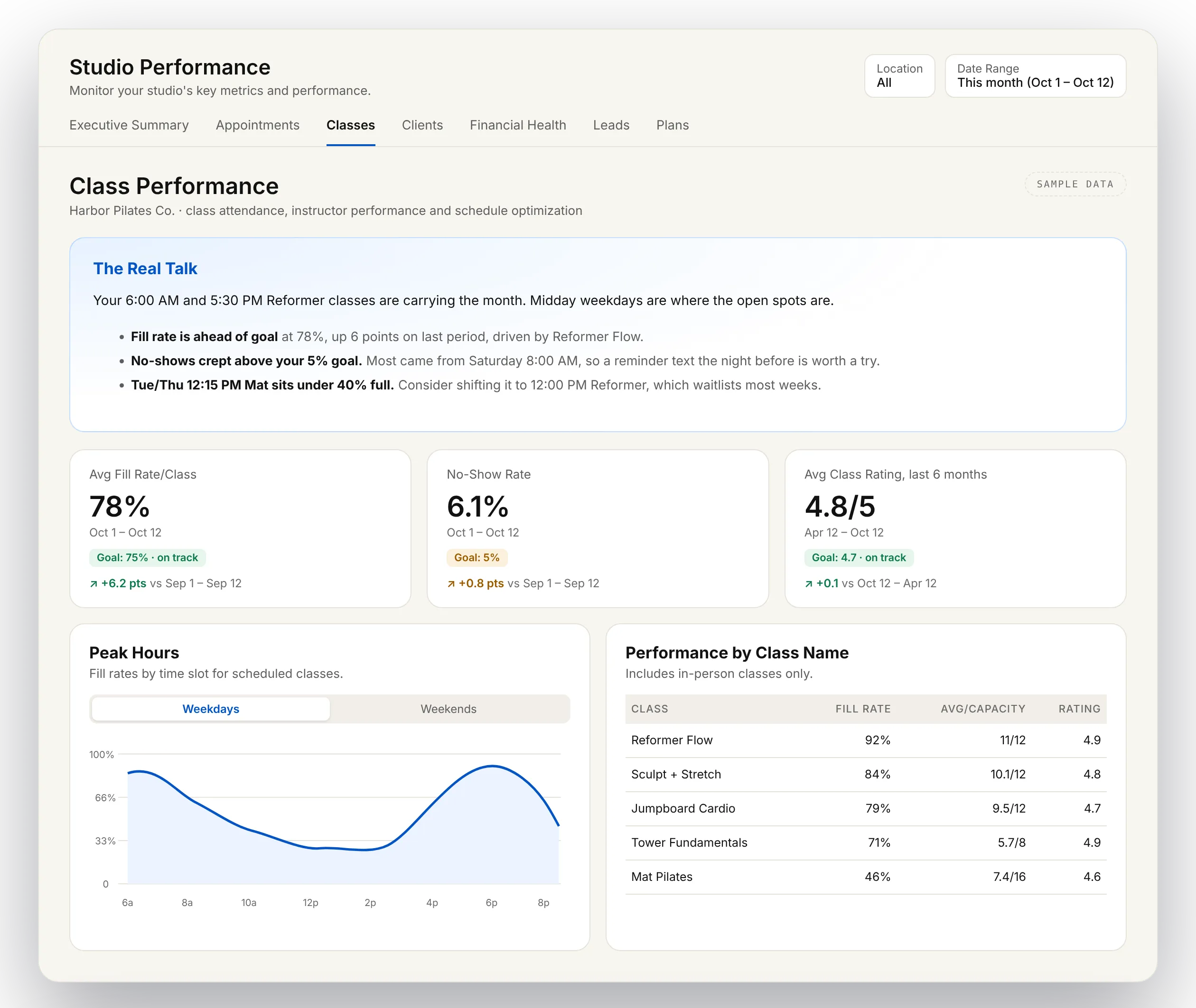 Studio Performance dashboard on the Classes tab with The Real Talk insight panel, KPI cards with goal badges, peak hours and performance by class, sample data