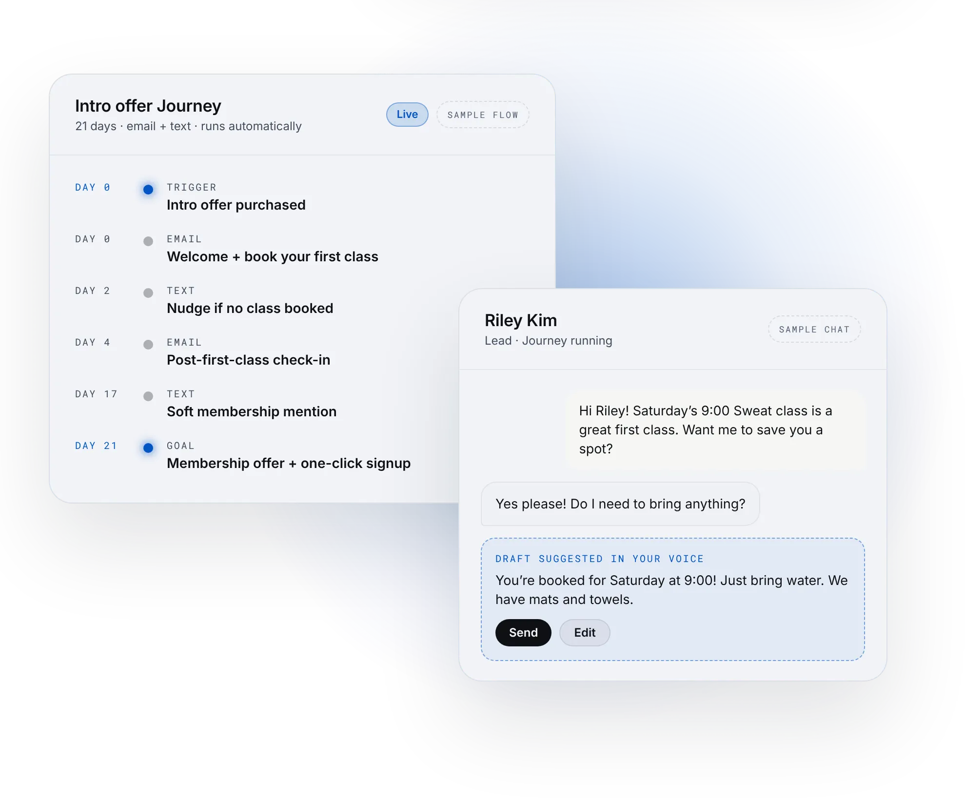 Intro offer Journey and a two-way text conversation with a suggested reply, sample data