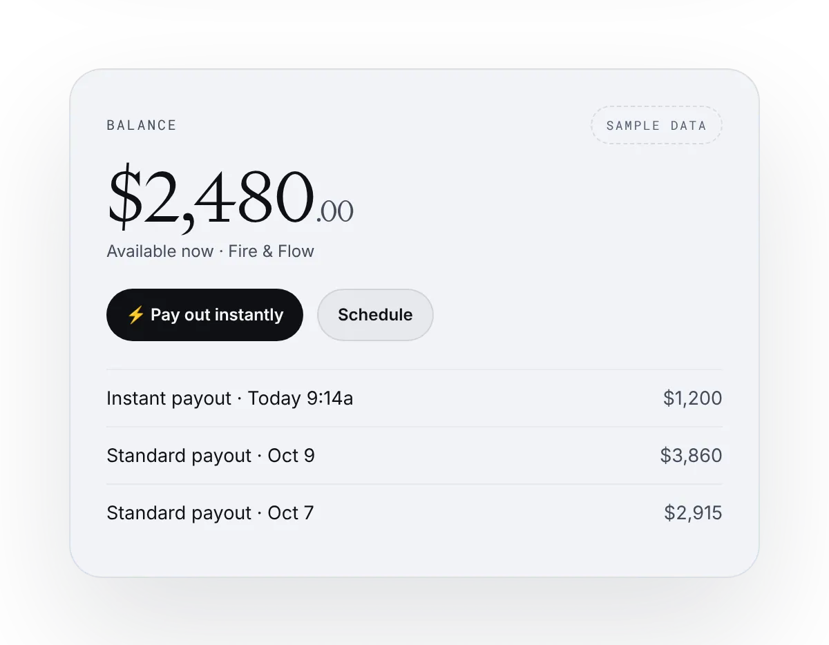 Available balance with an instant payout button, sample data