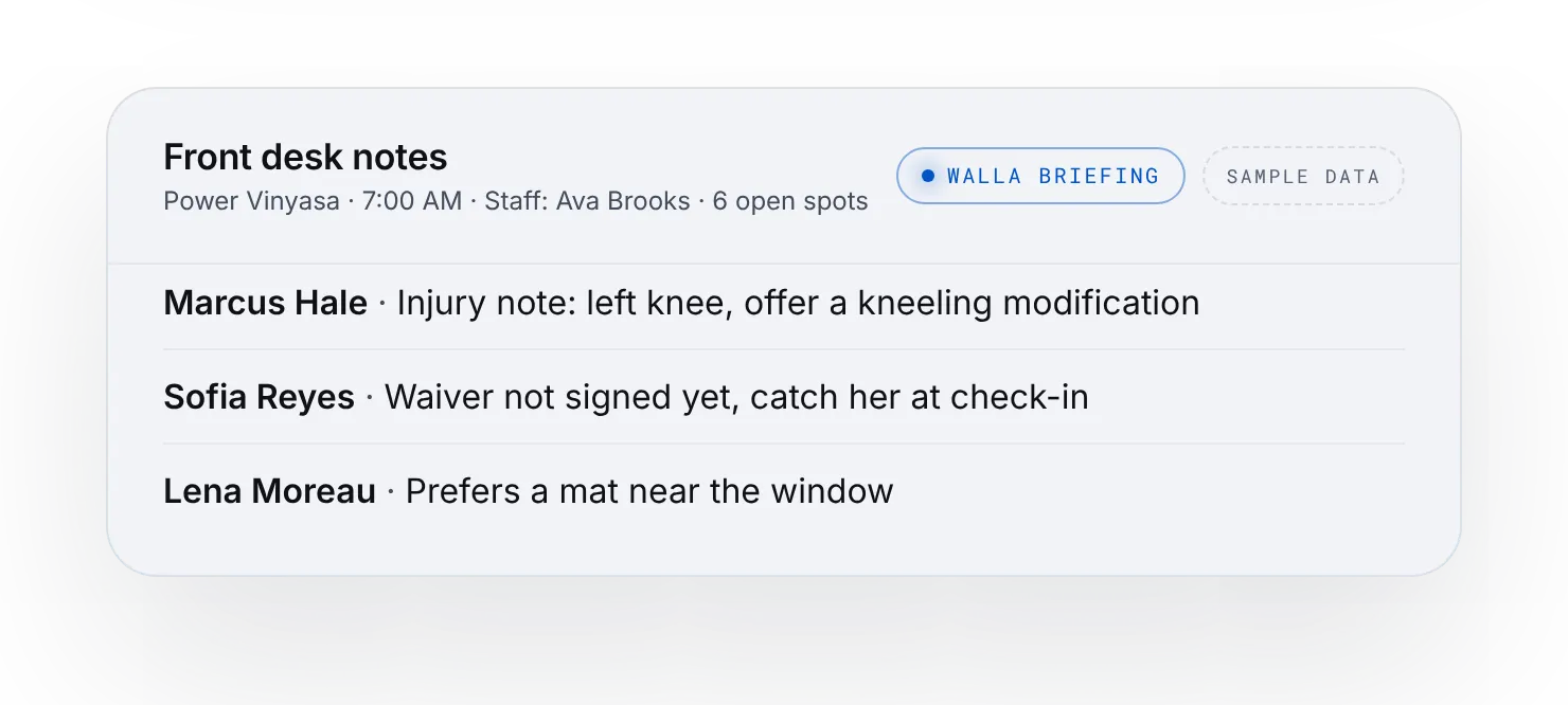 Front desk notes with injury and check-in notes, fictional clients