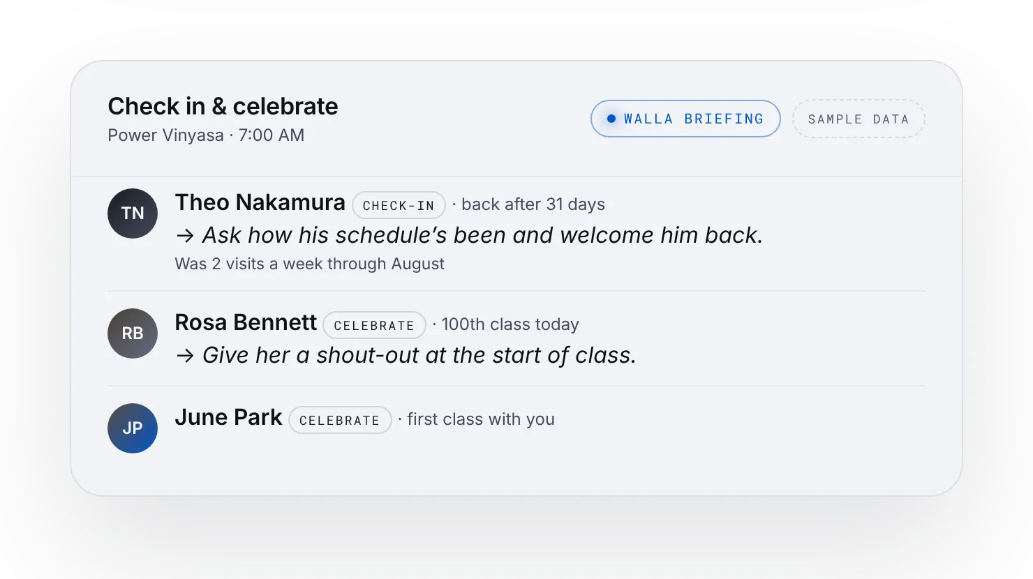 Members to check in with and celebrations, fictional clients