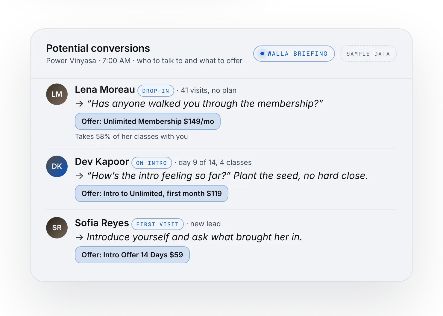 Potential conversions with suggested scripts and offers, fictional clients