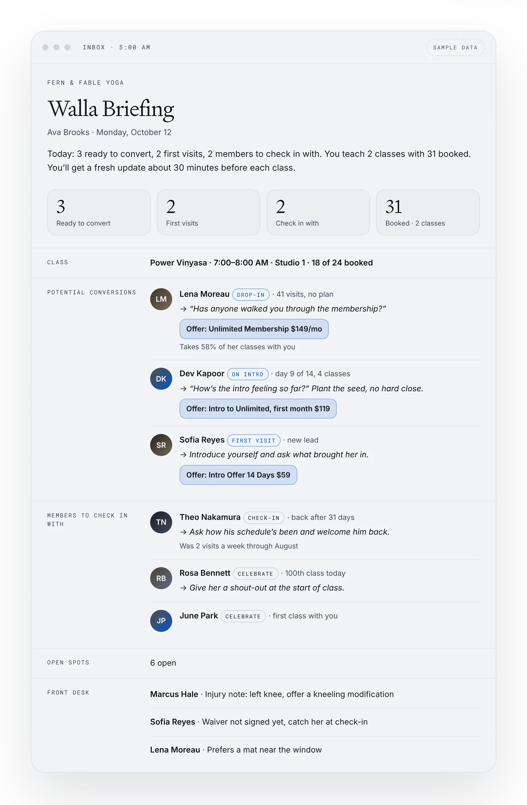 Walla Briefing email with a summary and the first class, fictional studio