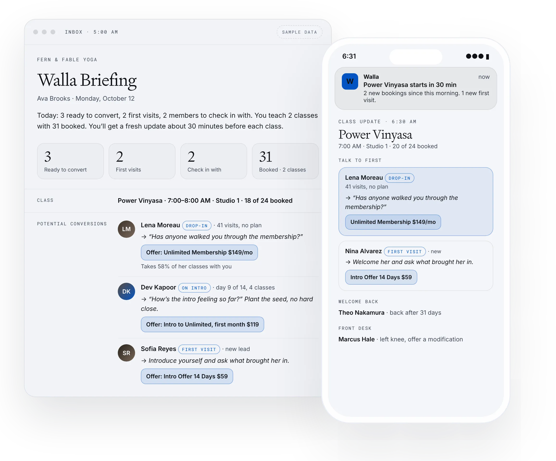 Walla Briefing email and a class update on a phone, fictional studio and sample data