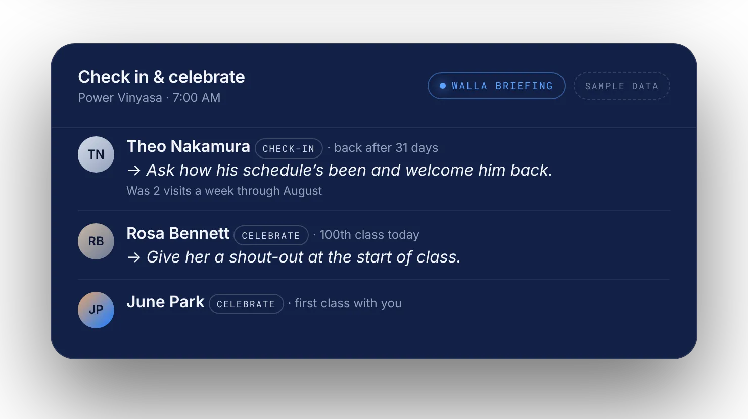 Members to check in with and celebrations, fictional clients