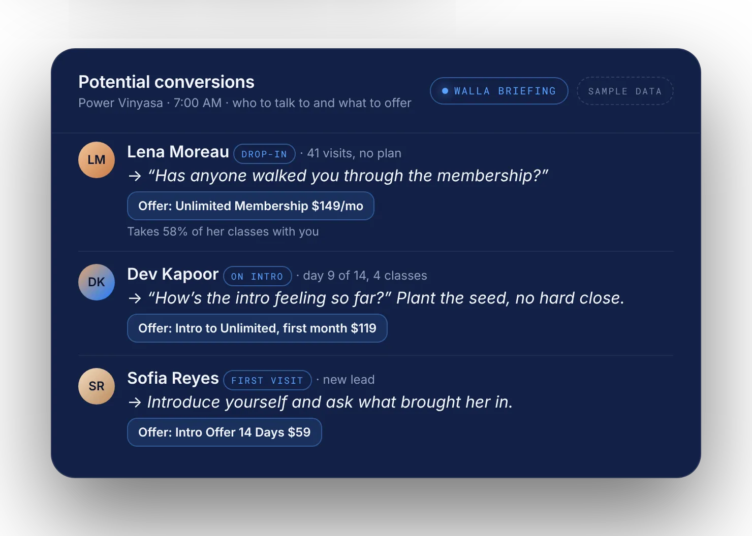 Potential conversions with suggested scripts and offers, fictional clients