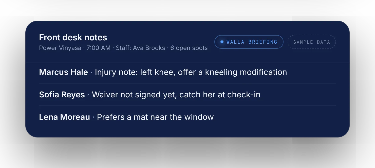 Front desk notes with injury and check-in notes, fictional clients