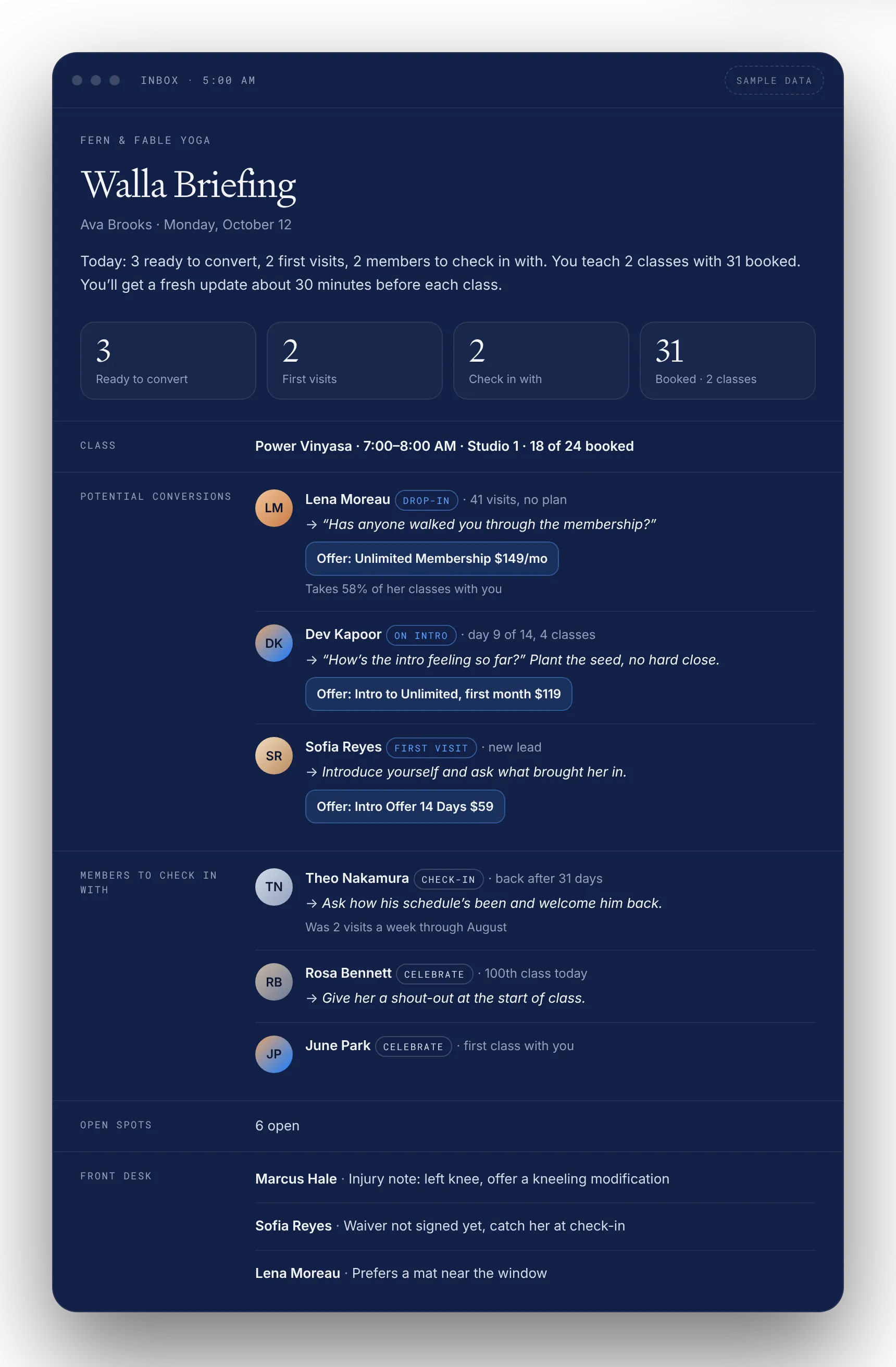 Walla Briefing email with a summary and the first class, fictional studio