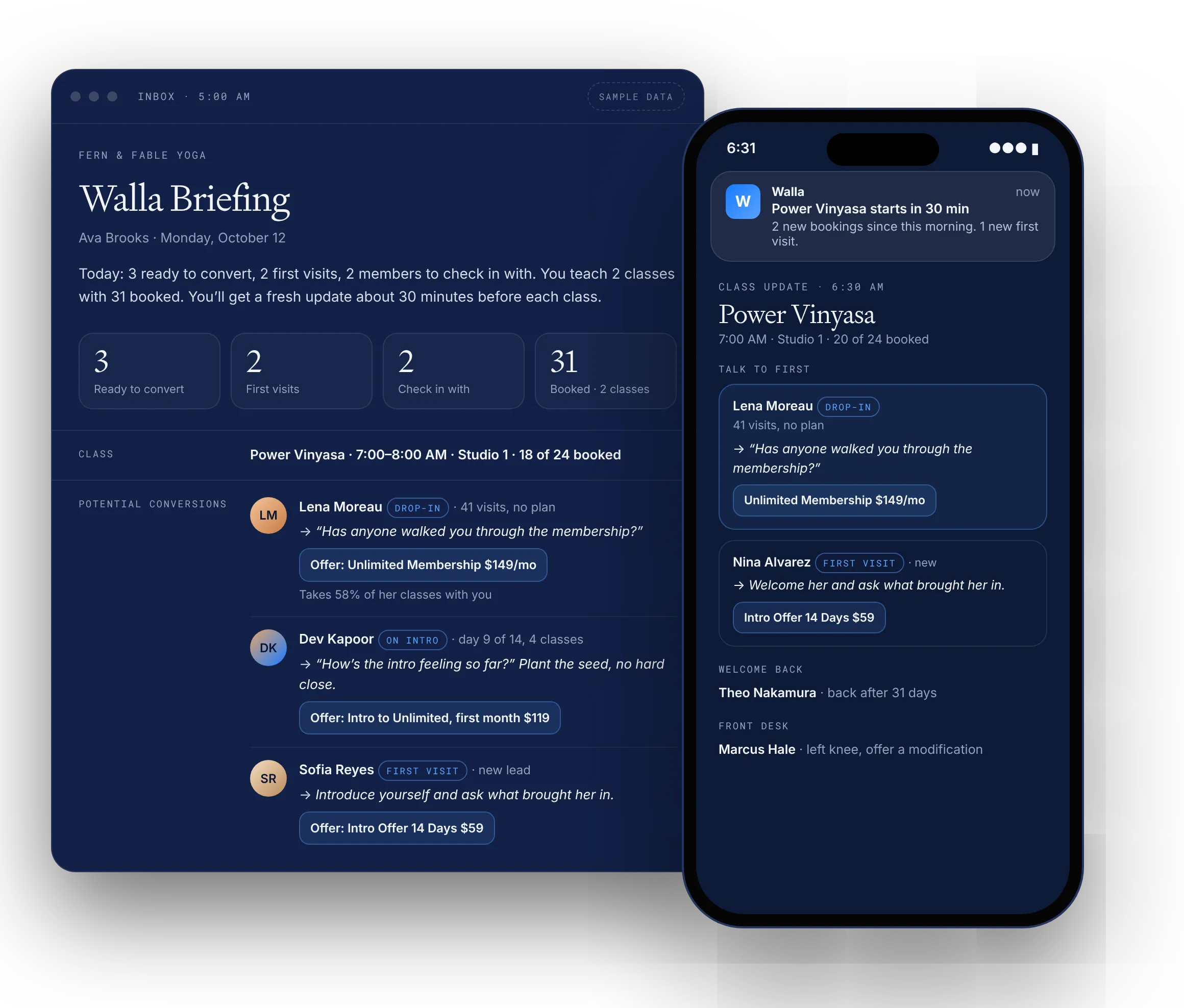 Walla Briefing email and a class update on a phone, fictional studio and sample data