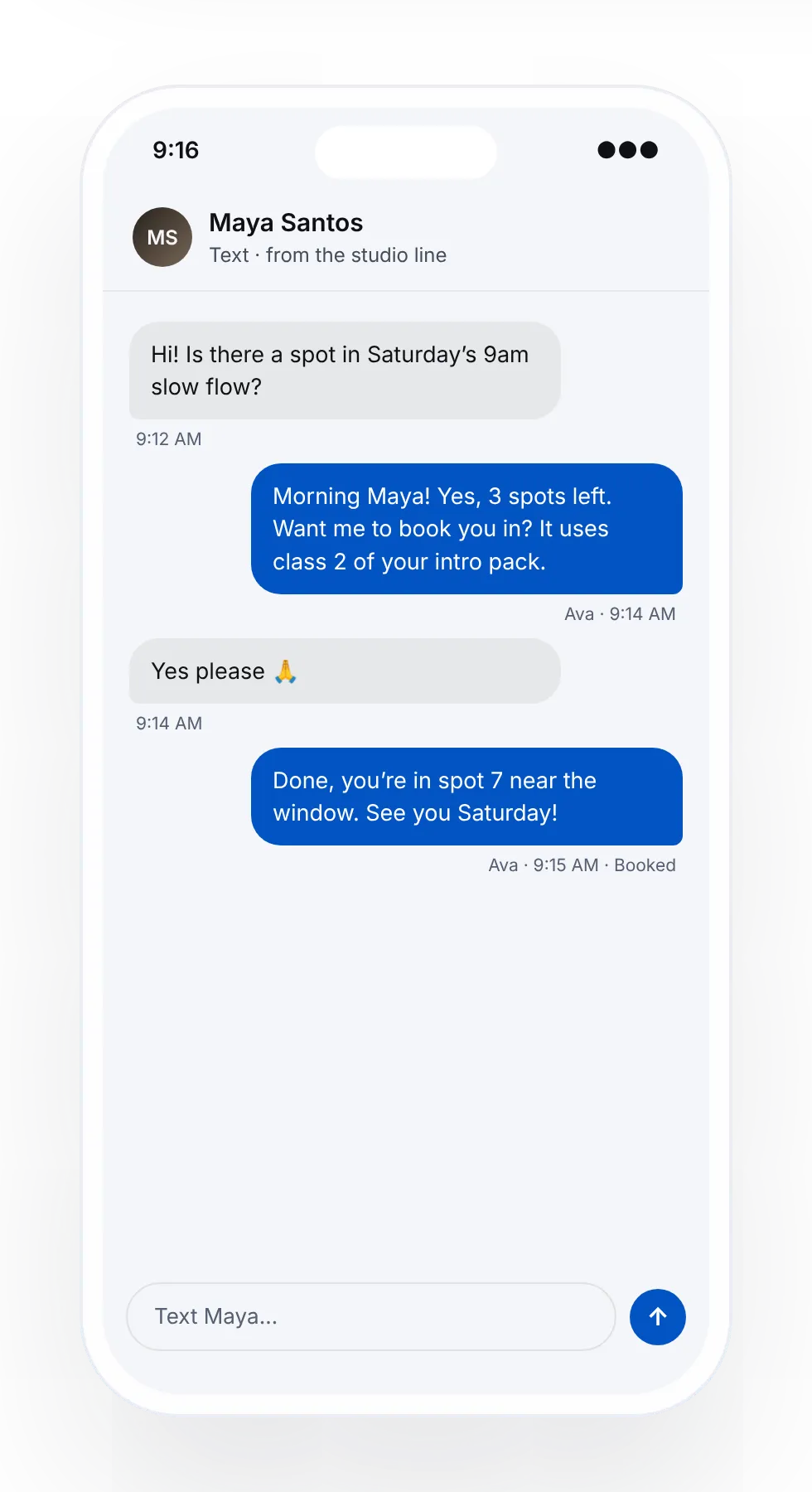 Two-way text thread booking a class, fictional client