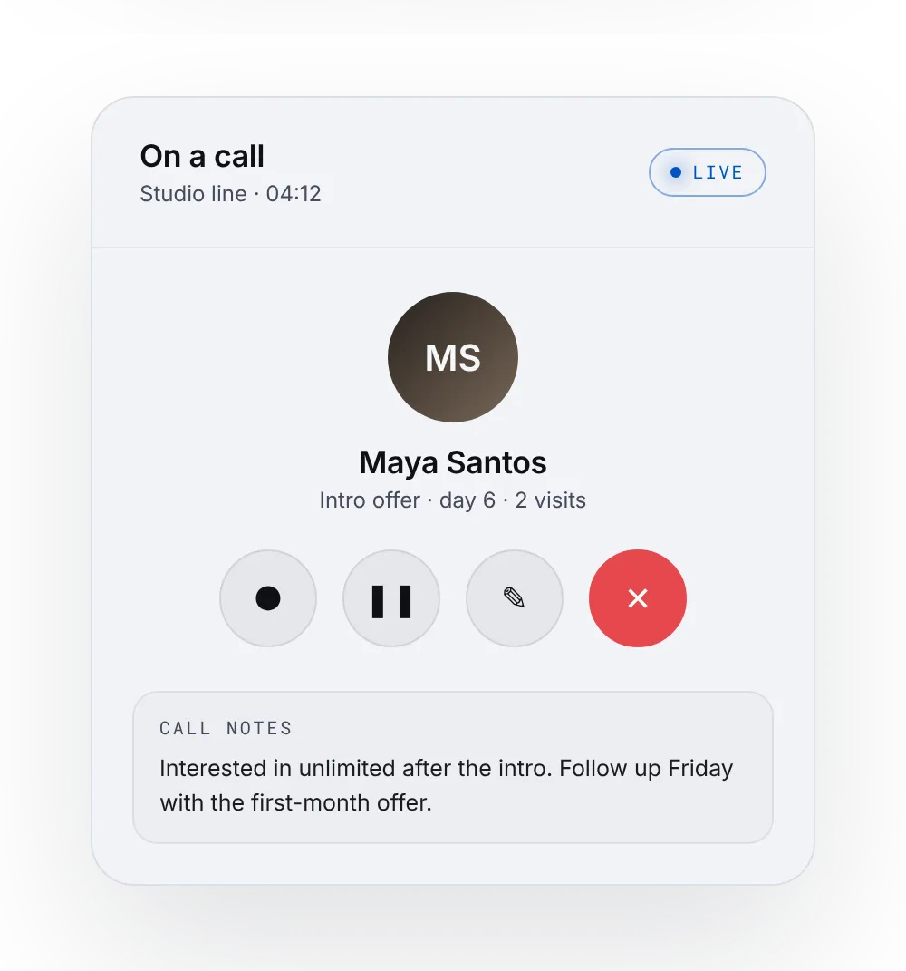 In-product call panel with caller context and notes, fictional client