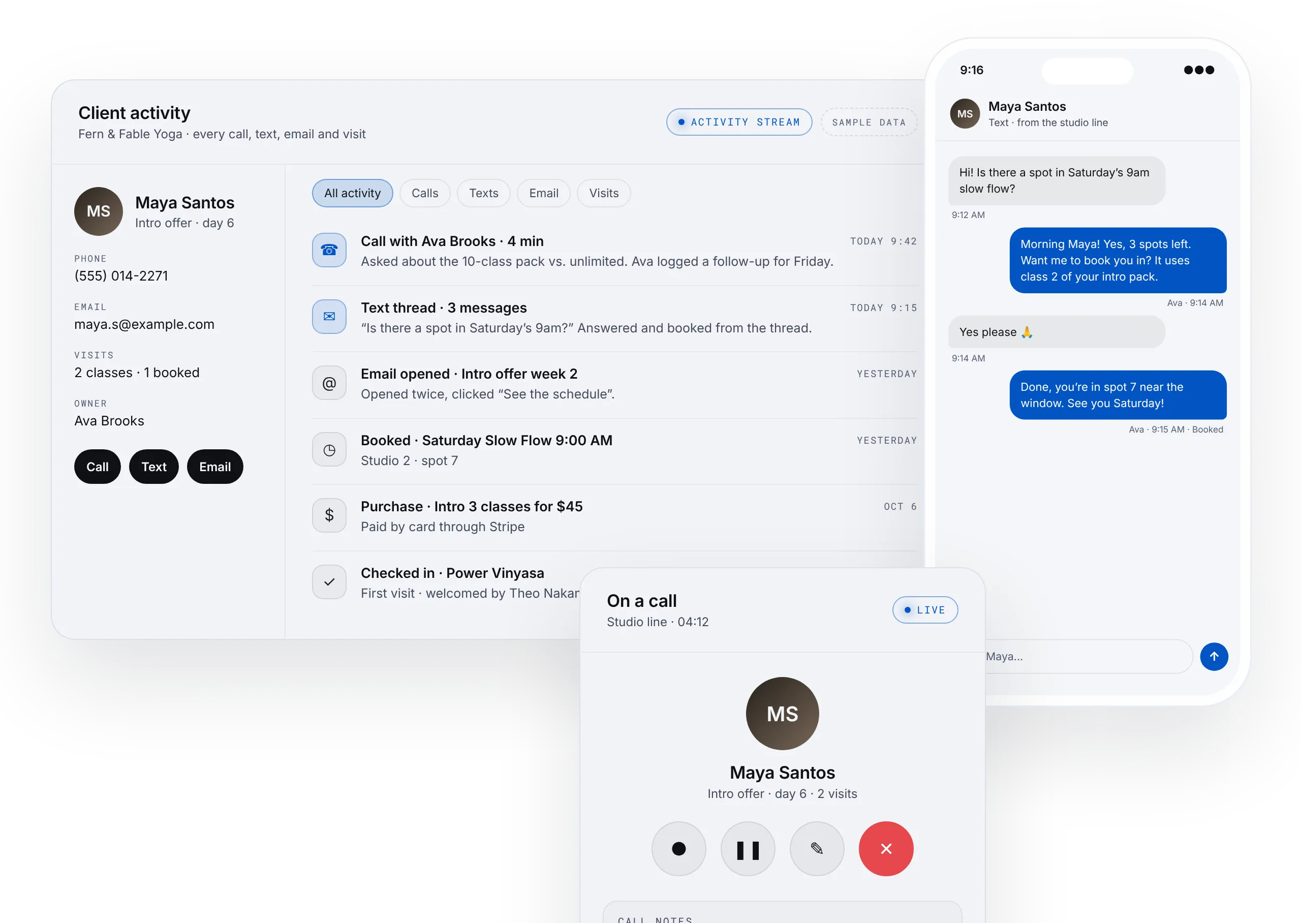 Client activity stream, text thread and call panel, fictional client and sample data