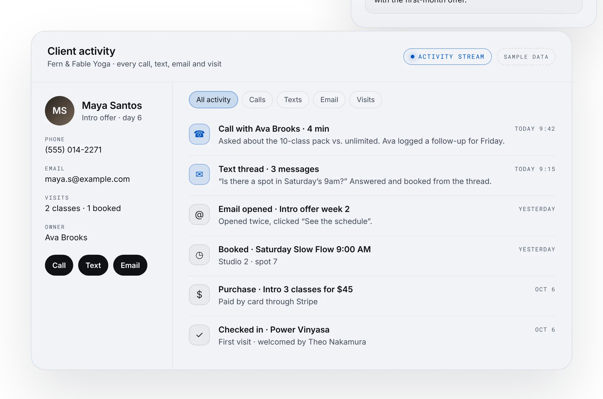 Client profile with a unified activity timeline, fictional client and sample data