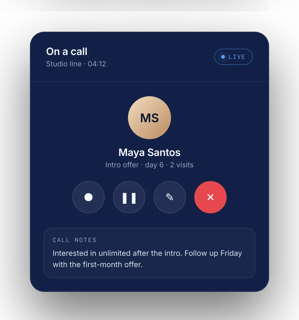 In-product call panel with caller context and notes, fictional client