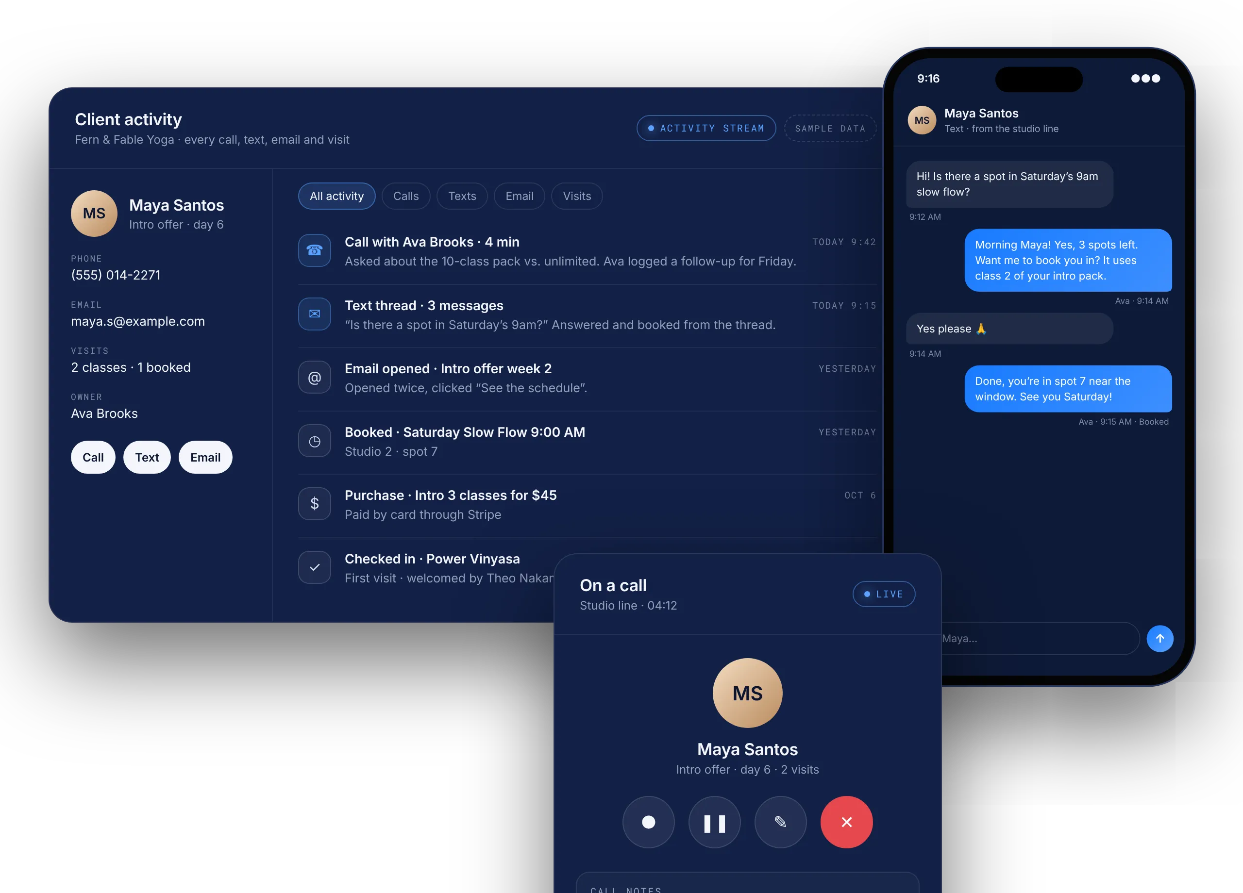 Client activity stream, text thread and call panel, fictional client and sample data