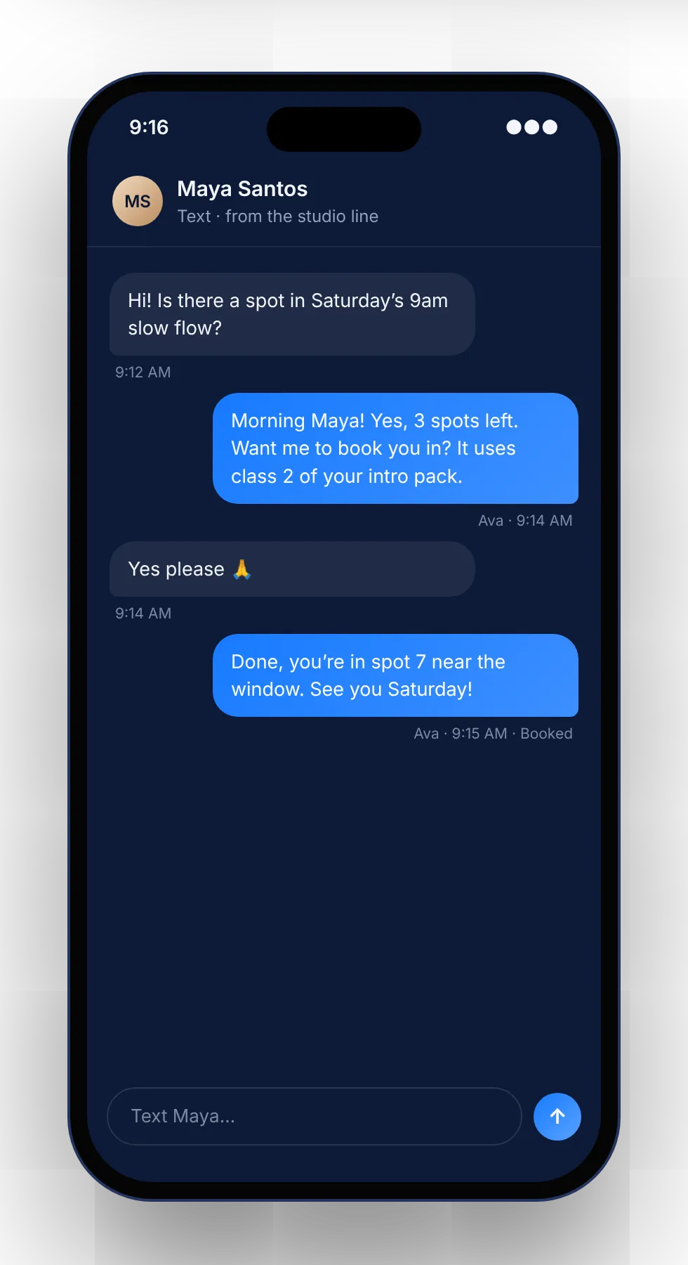 Two-way text thread booking a class, fictional client