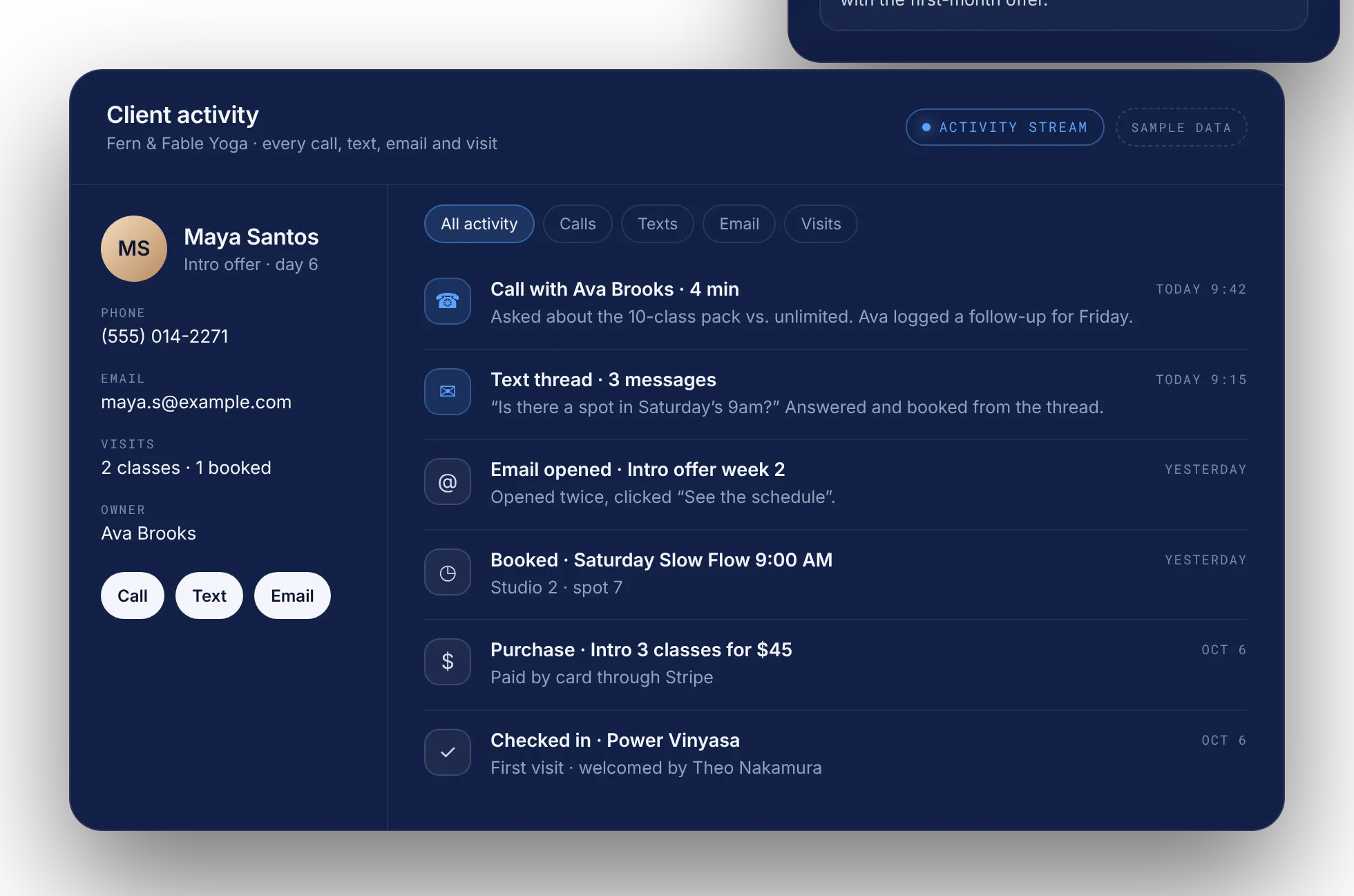 Client profile with a unified activity timeline, fictional client and sample data