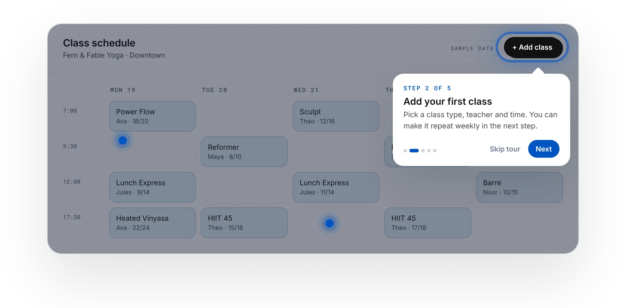 Walla class schedule with a guided walkthrough tooltip reading Step 2 of 5: Add your first class (sample data)