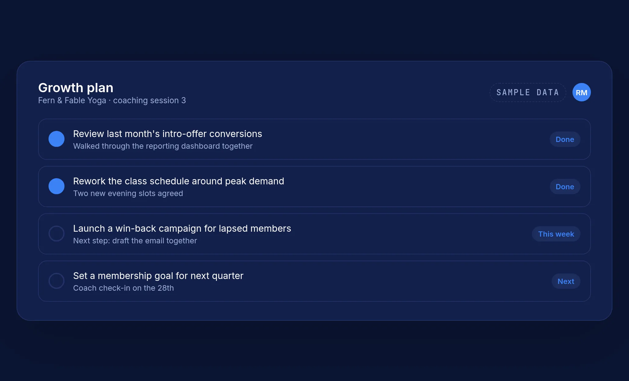 Sample Walla coaching growth plan with completed and upcoming steps (fictional studio)