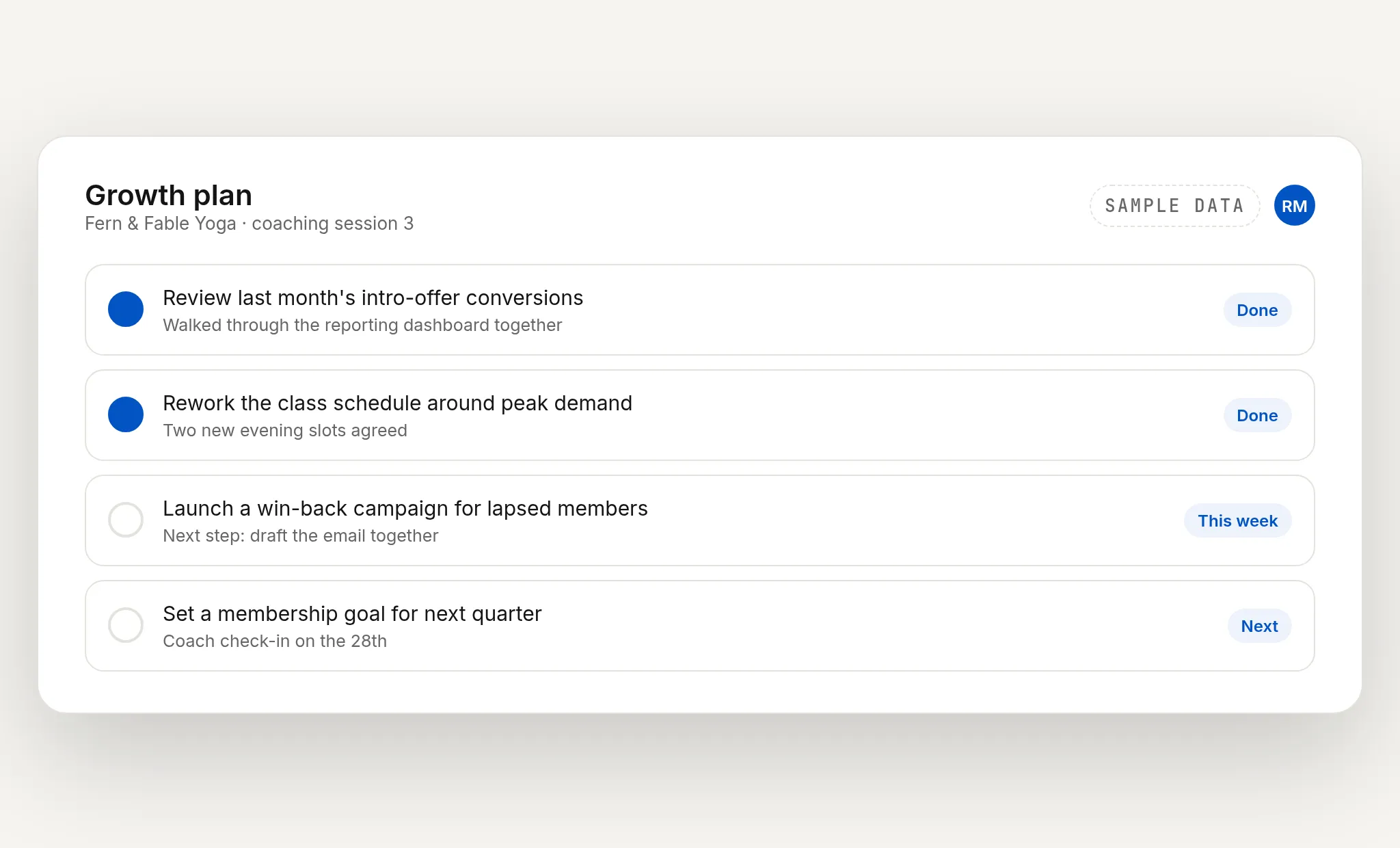 Sample Walla coaching growth plan with completed and upcoming steps (fictional studio)