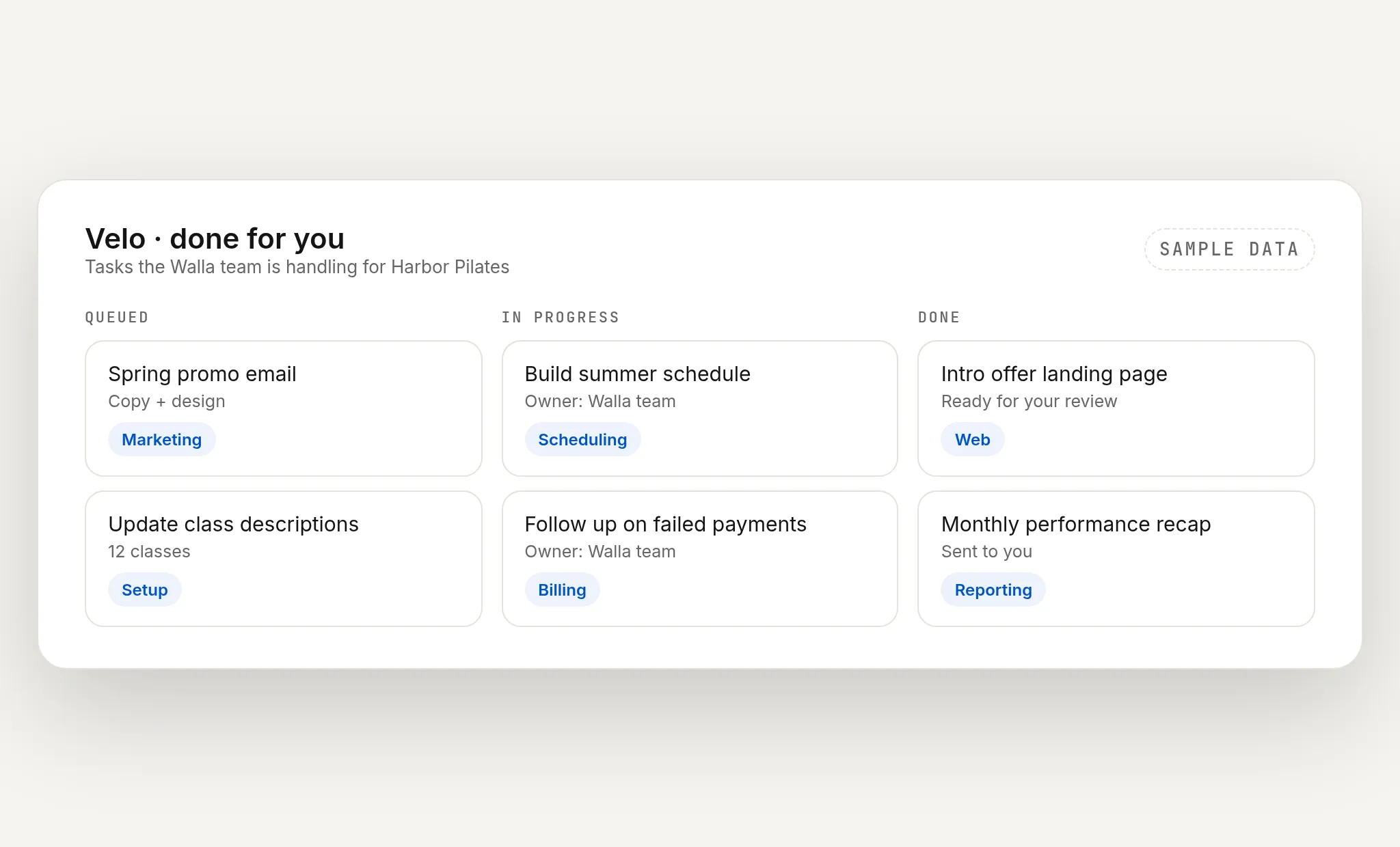 Sample Velo task board showing queued, in-progress and done tasks handled by the Walla team (fictional studio)