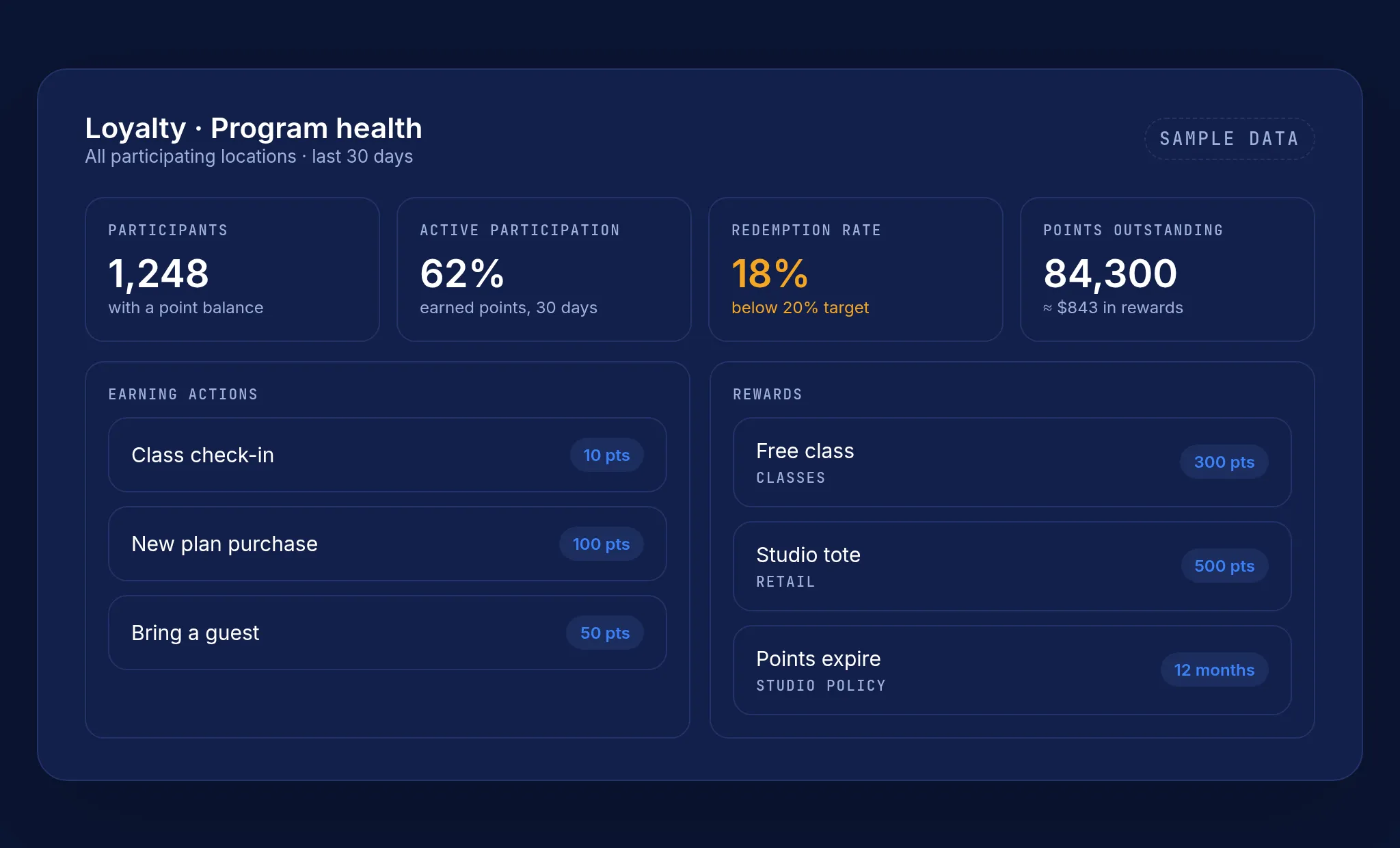 Sample loyalty program health dashboard with participants, active participation, redemption rate and points outstanding (sample data)