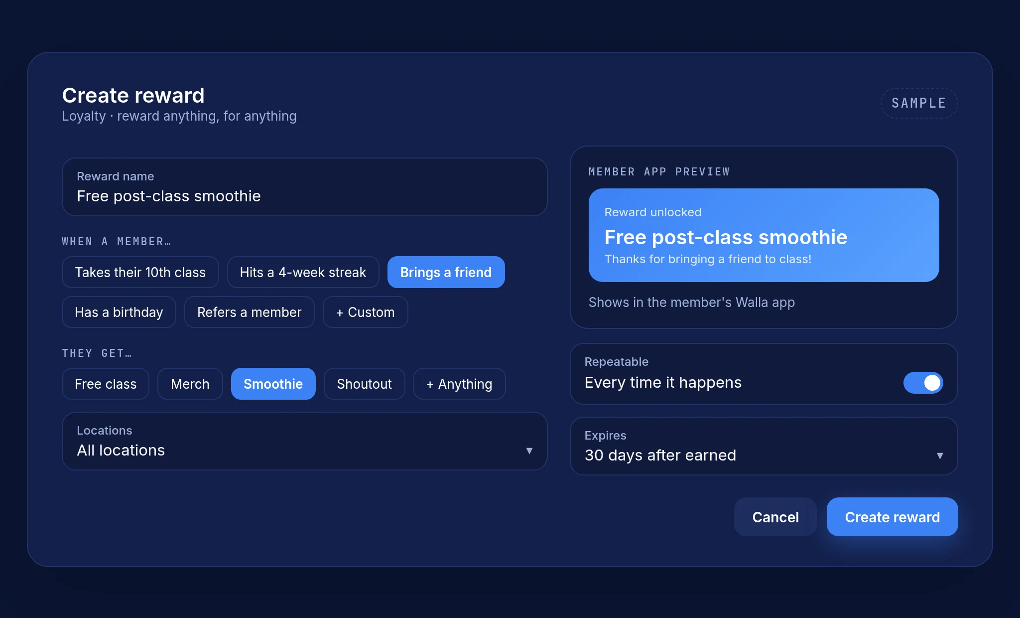 Sample create reward form: when a member brings a friend, they get a free smoothie (sample)
