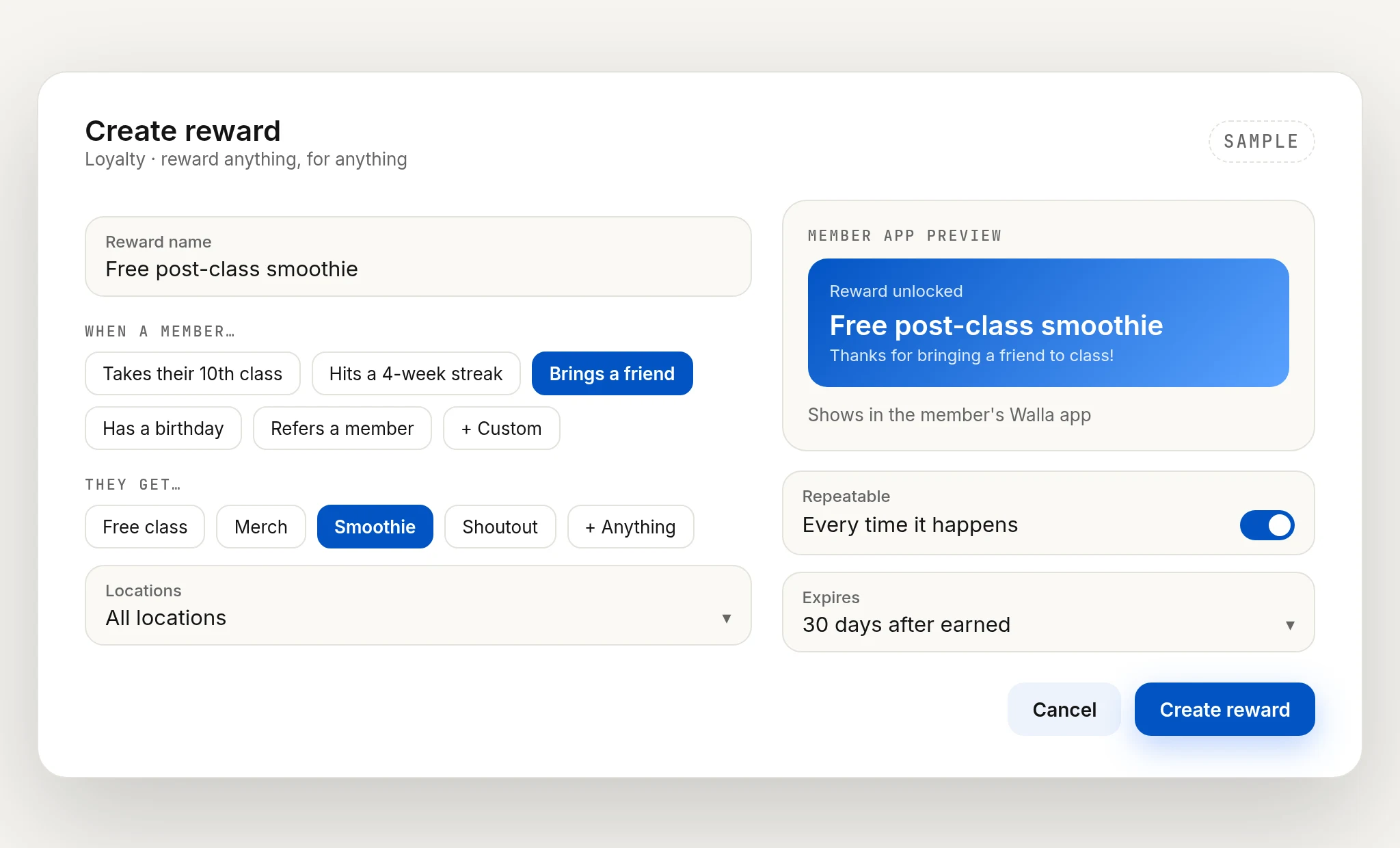 Sample create reward form: when a member brings a friend, they get a free smoothie (sample)