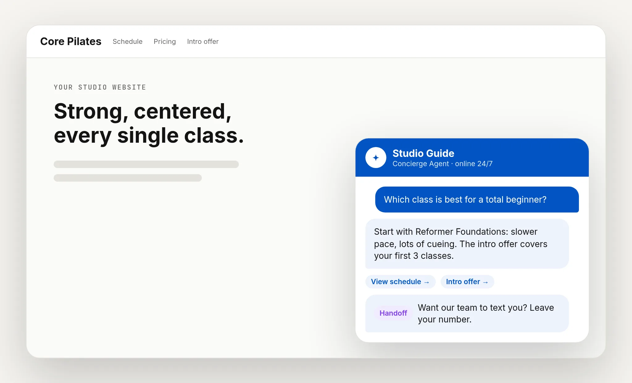 Sample Concierge Agent chat on a studio website, fictional studio