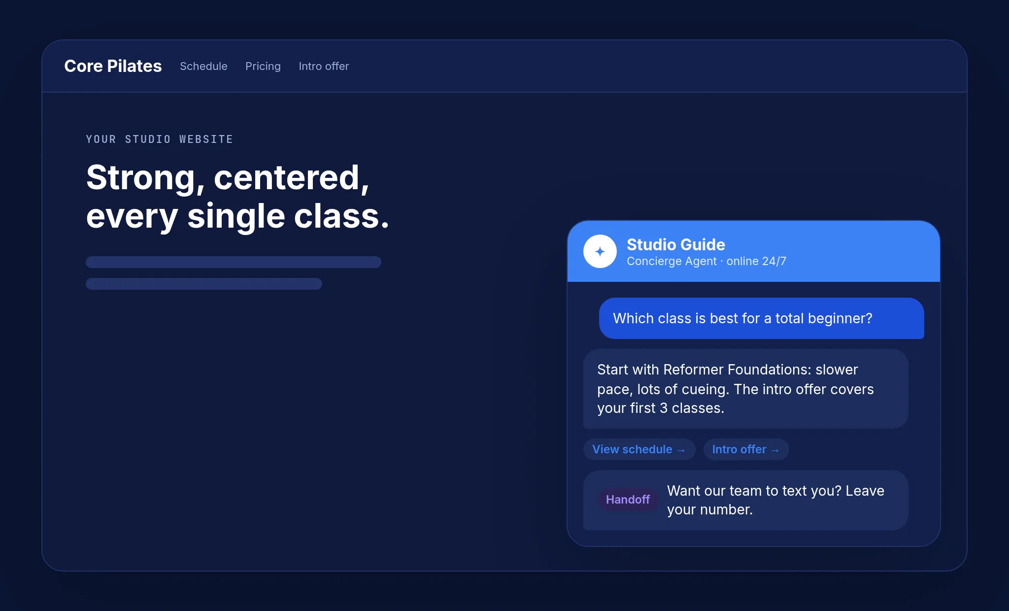 Sample Concierge Agent chat on a studio website, fictional studio