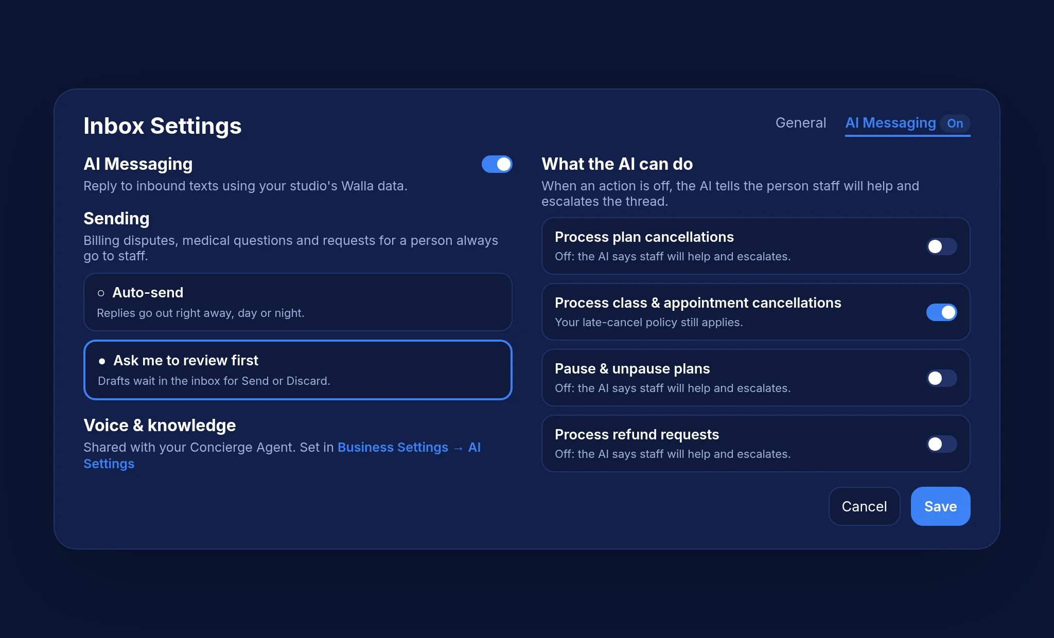 Sample rules for what the AI can handle and what goes to staff