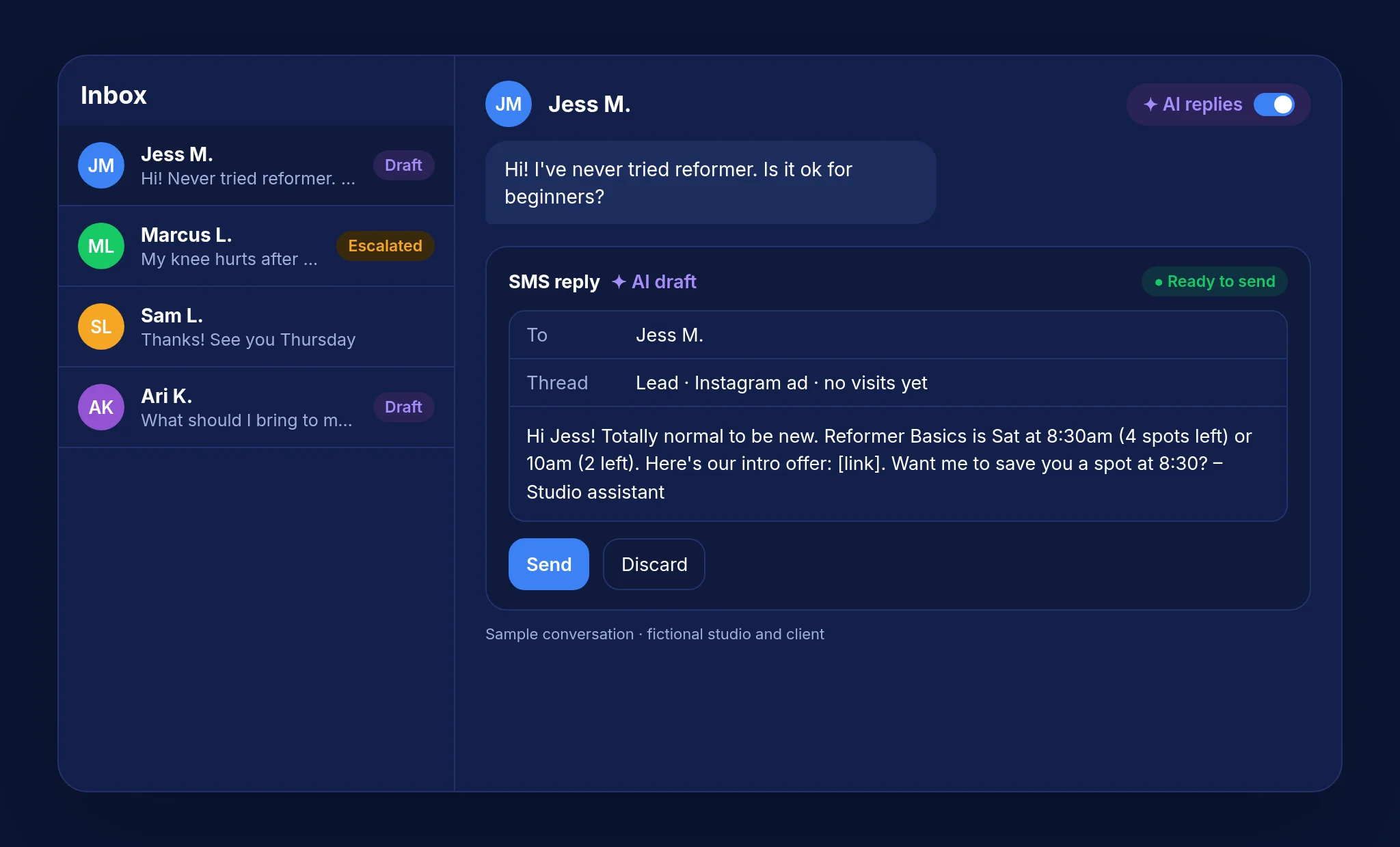 Sample Walla inbox with AI replies switched on, fictional clients