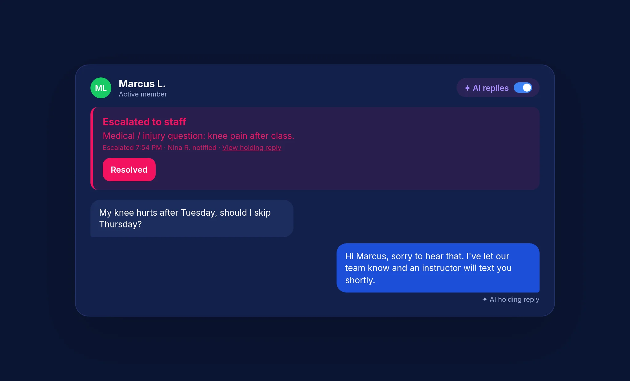 Sample escalation notification and staff takeover, fictional client