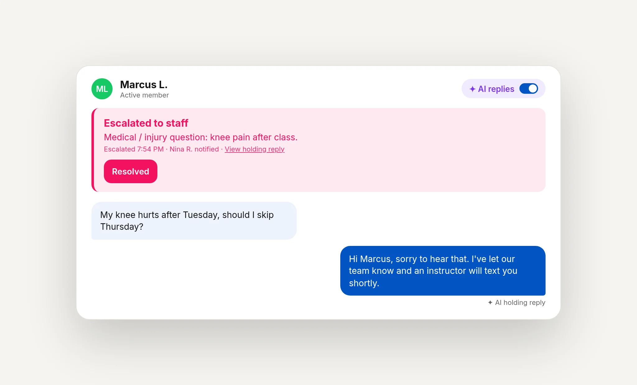 Sample escalation notification and staff takeover, fictional client