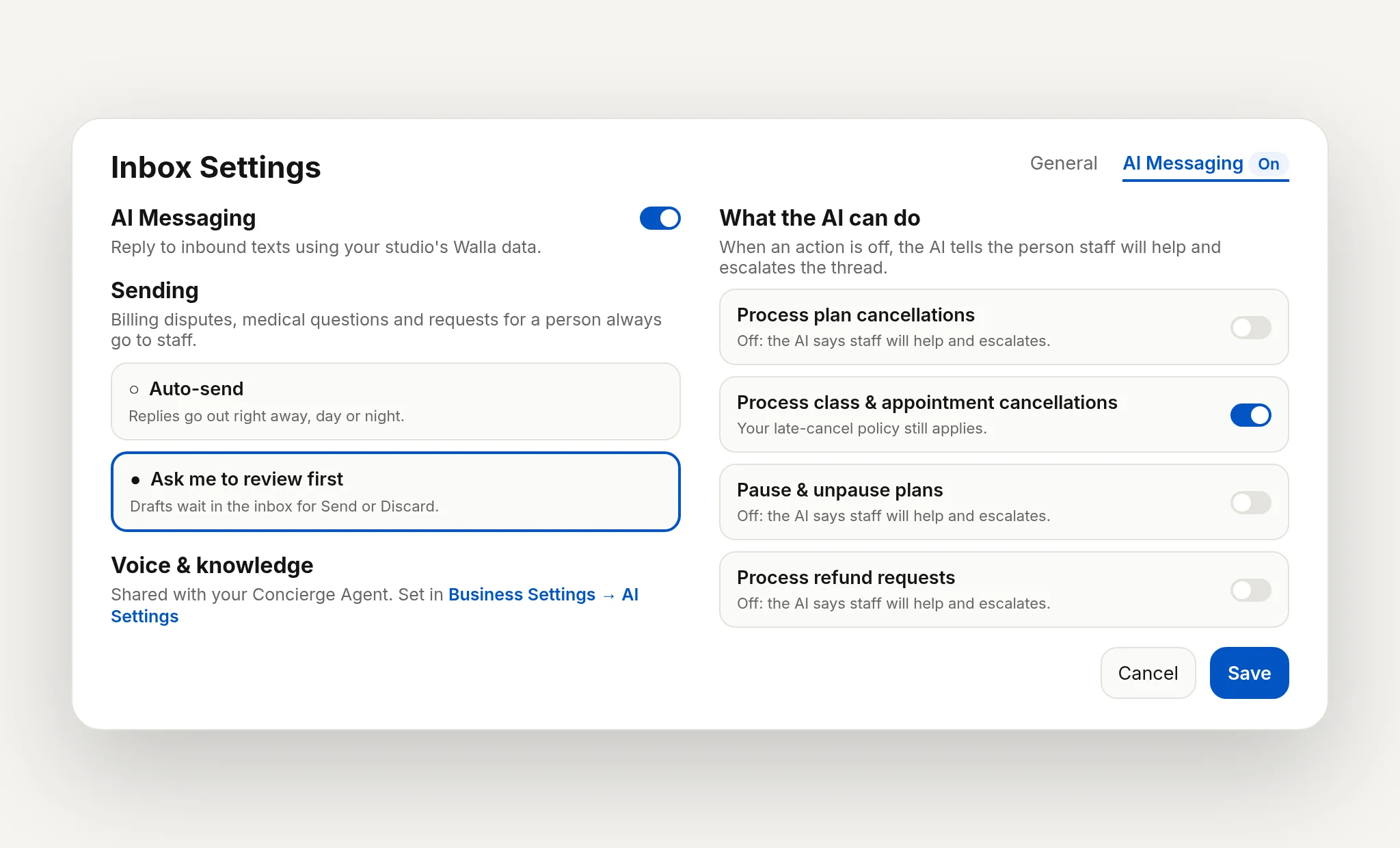 Sample rules for what the AI can handle and what goes to staff