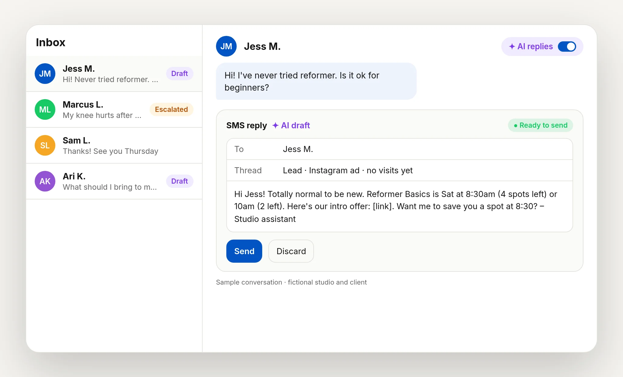 Sample Walla inbox with AI replies switched on, fictional clients