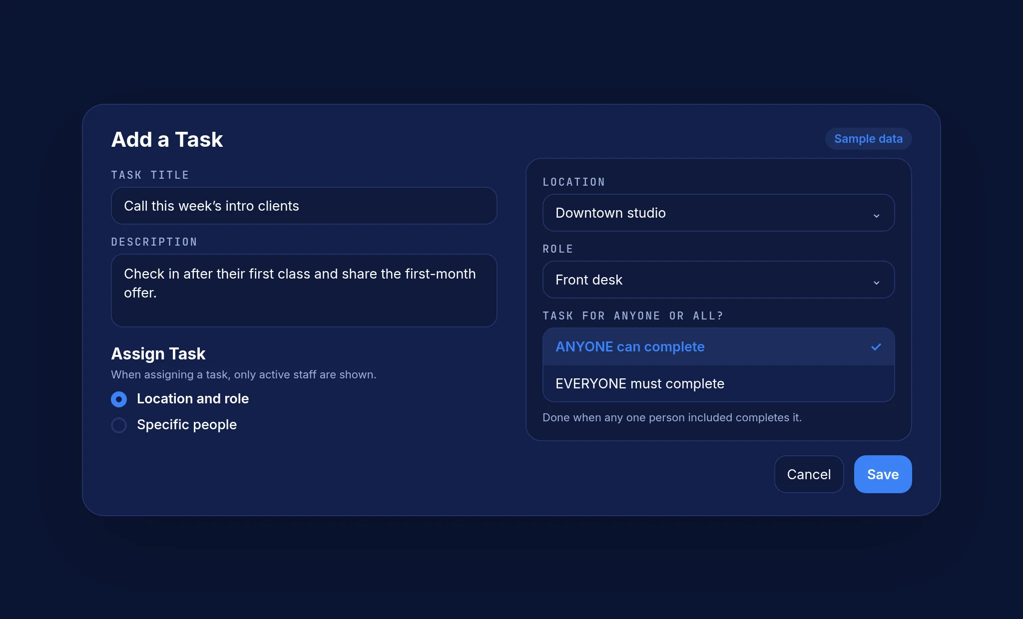 Sample Add a Task form assigning a task by location and role, fictional studio