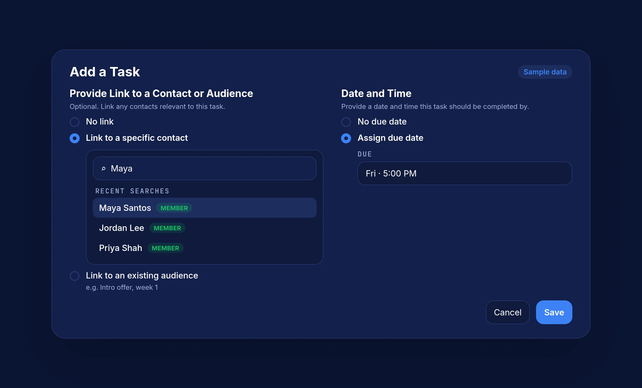 Sample Add a Task form linking a task to a contact with a due date, fictional clients