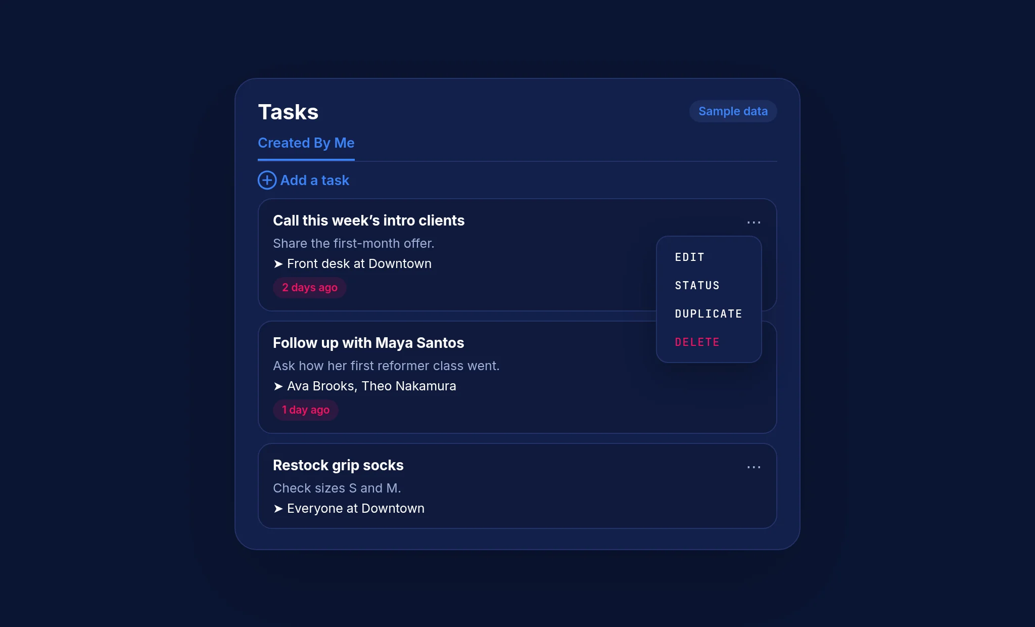 Sample Tasks list with assignees, overdue badges and card actions, fictional staff