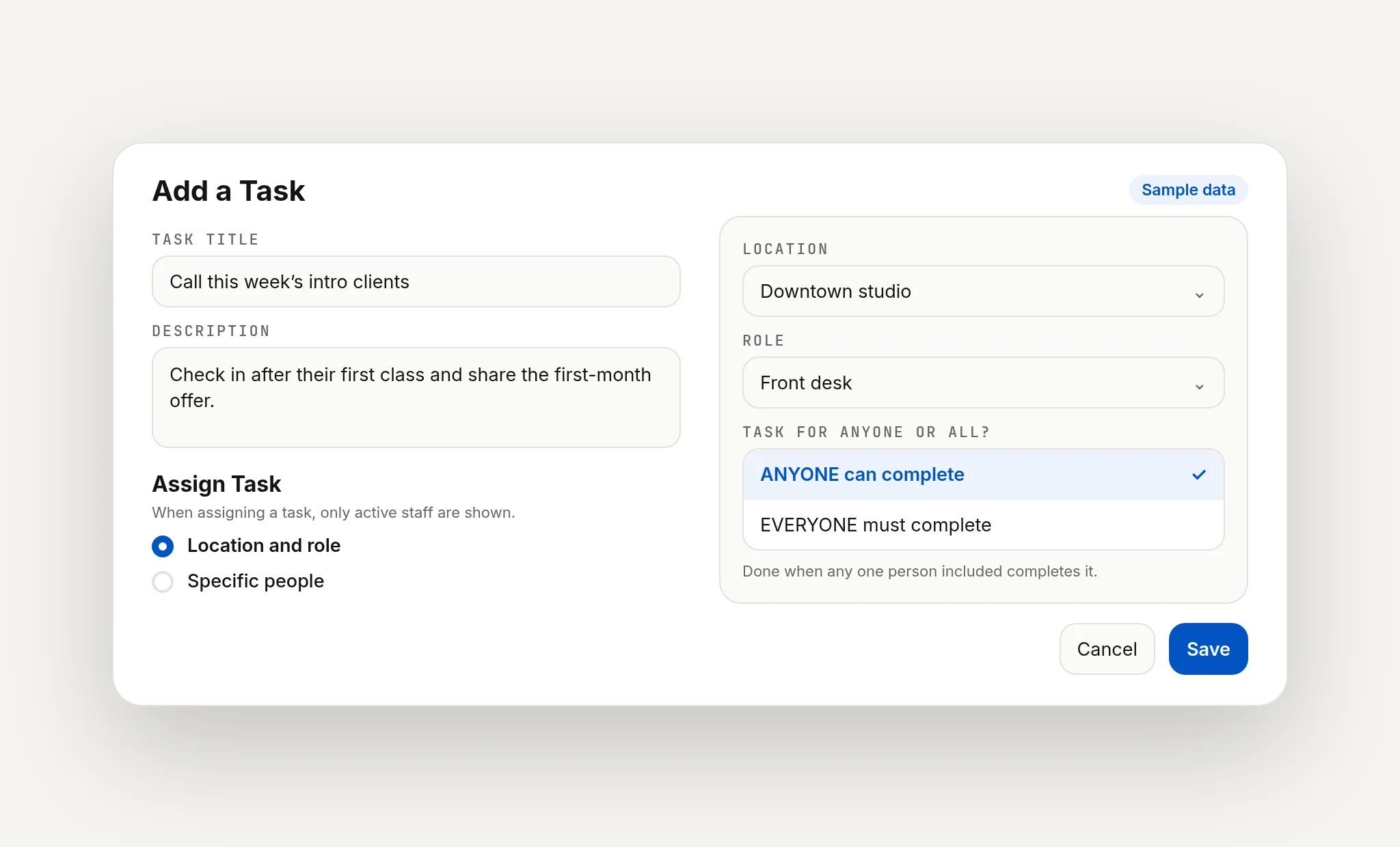 Sample Add a Task form assigning a task by location and role, fictional studio