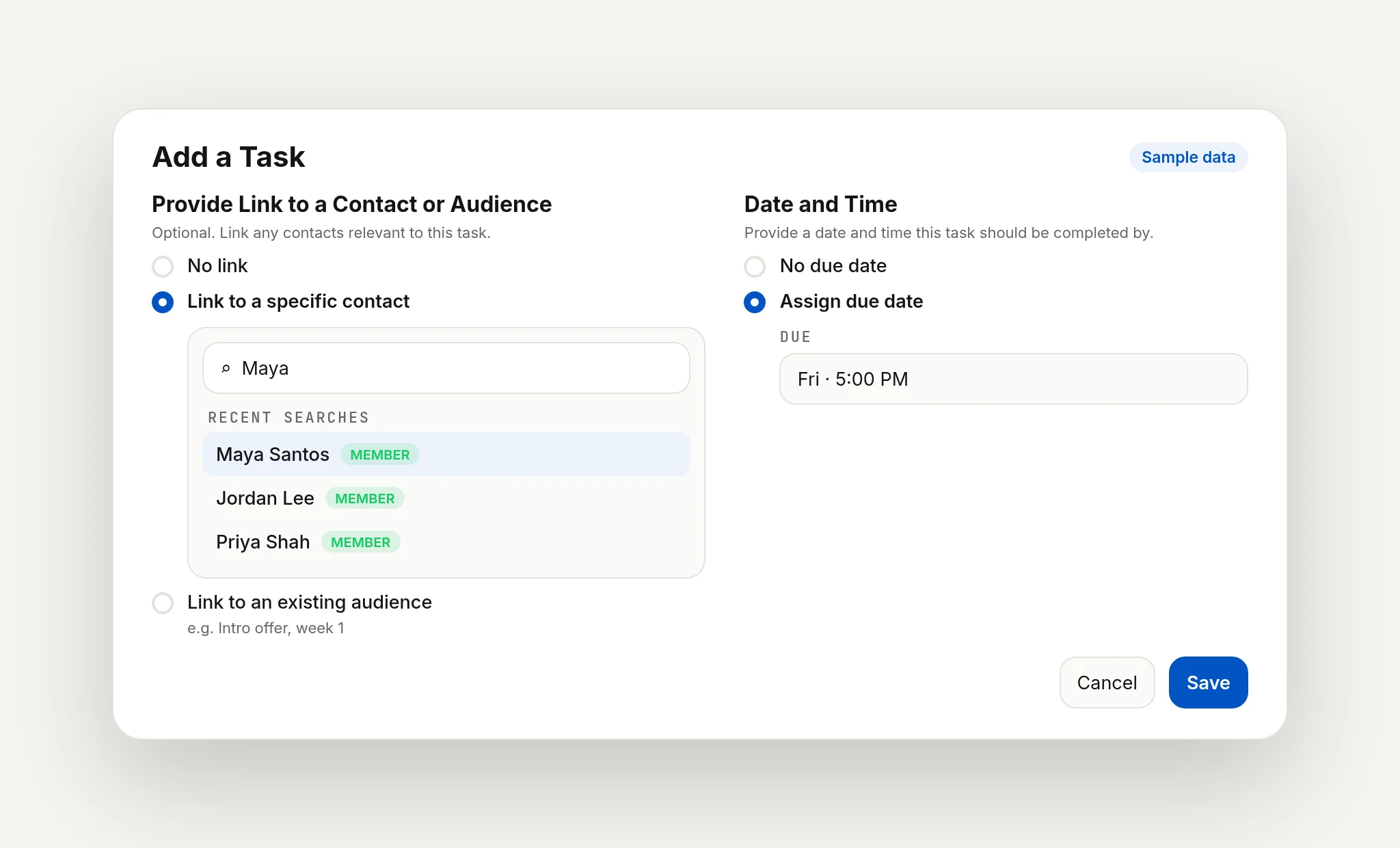 Sample Add a Task form linking a task to a contact with a due date, fictional clients