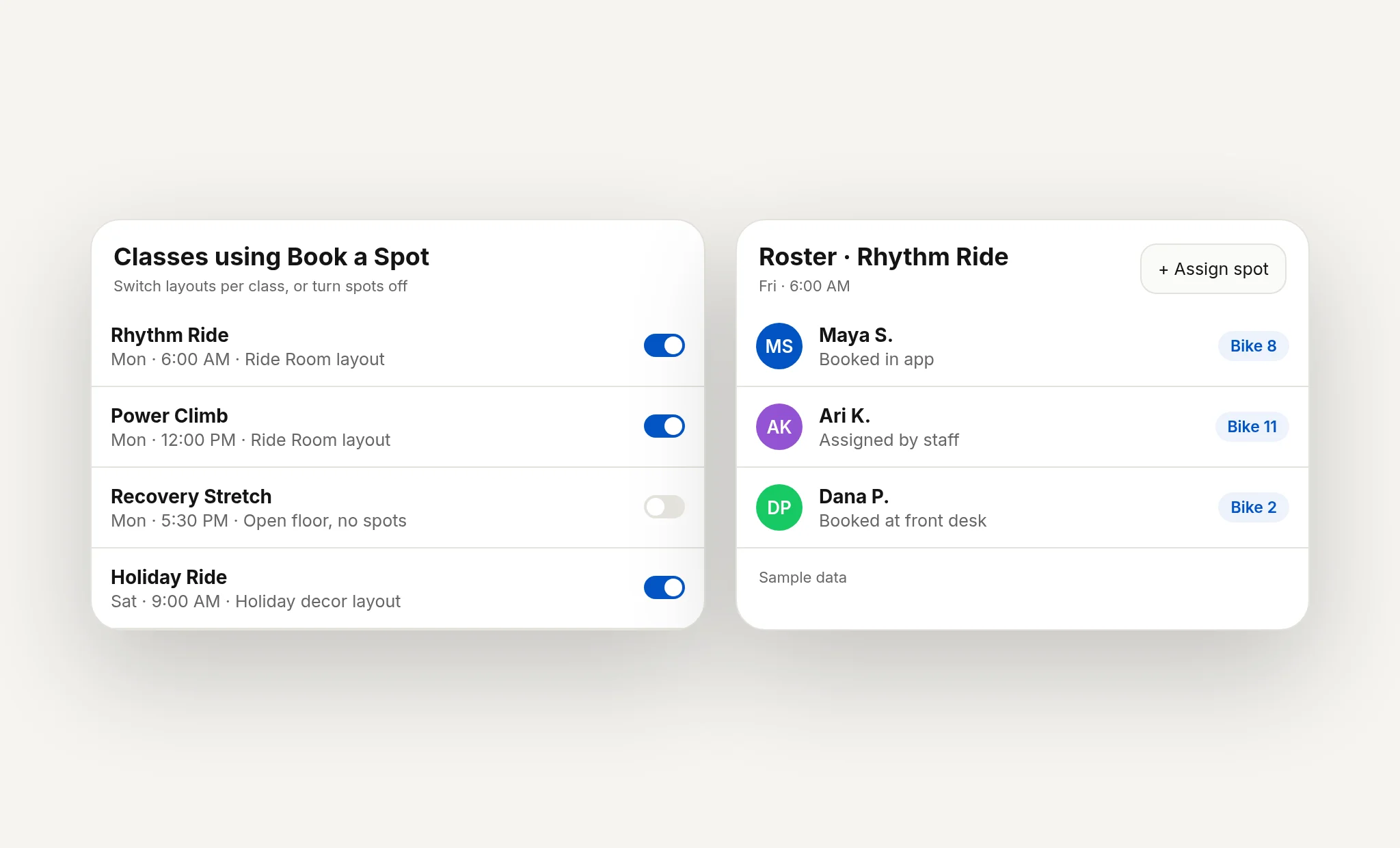 Sample class list with Book a Spot toggles and a roster with assigned spots, fictional studio