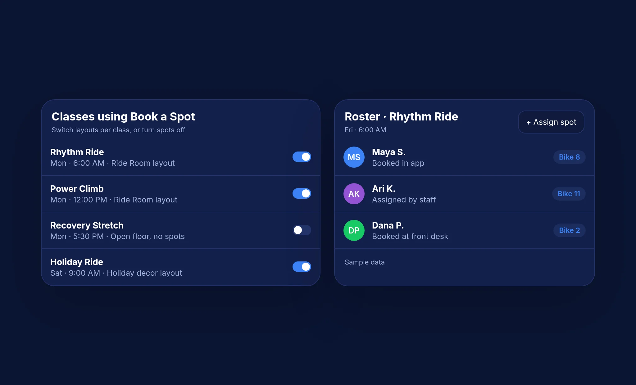 Sample class list with Book a Spot toggles and a roster with assigned spots, fictional studio