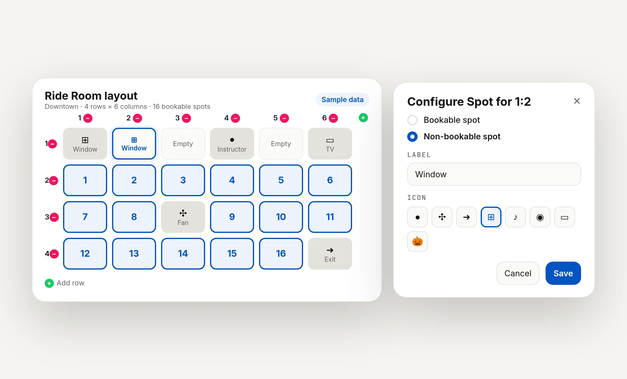 Sample Book a Spot layout builder for a cycling room with instructor, windows, fan, TV and door, fictional studio