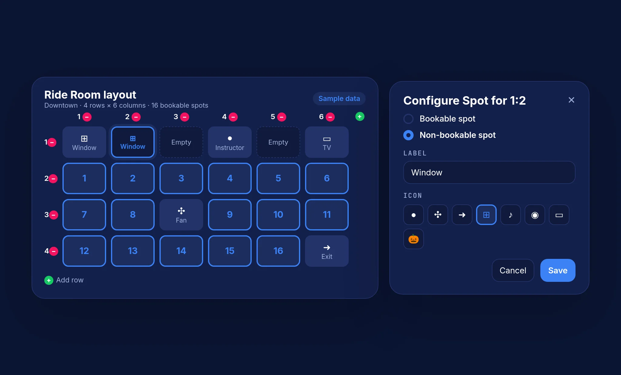 Sample Book a Spot layout builder for a cycling room with instructor, windows, fan, TV and door, fictional studio